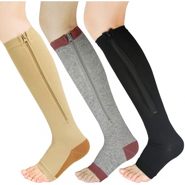 3 Pairs Zipper Compression Socks Women with Open Toe Toeless Support Stockings Easy on Knee High Socks 3 Pairs Zipper Compression Socks Women with Open Toe Toeless Support Stockings Easy on Knee High Socks